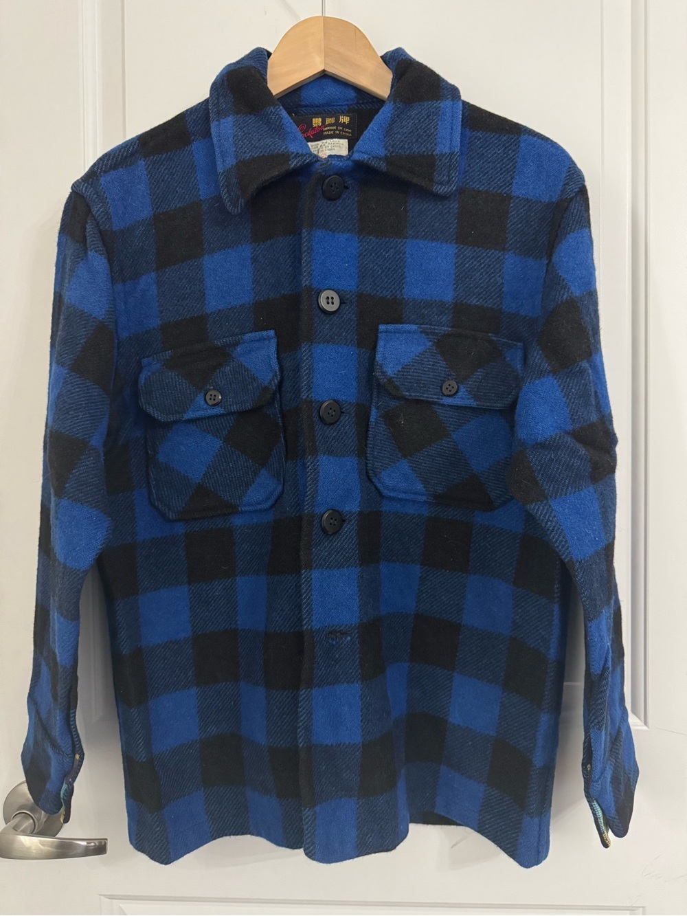 Vintage Cockatoo Men's Blue and Black Buffalo Check Wool Shirt Jacket, small